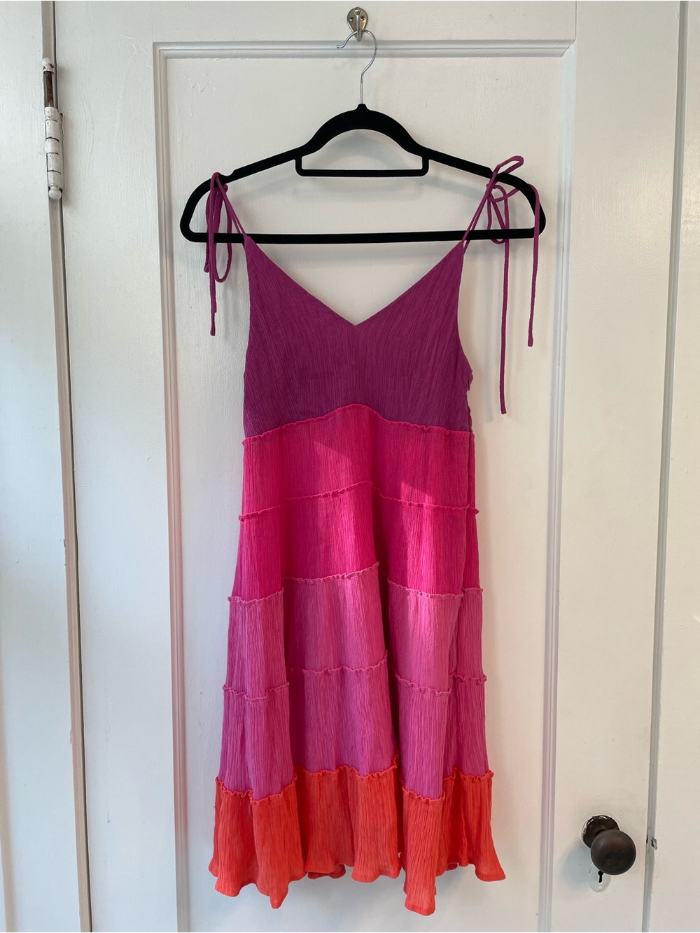 Tiered Bright Pink & Orange Colorblock Tie-Shoulder Dress Women’s S